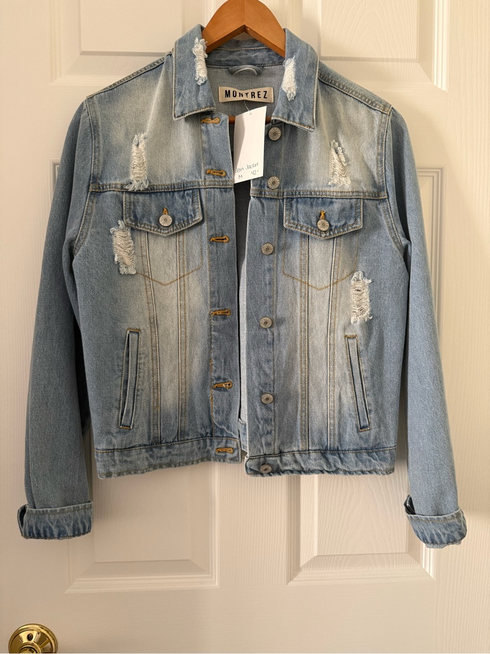Montrez Light Blue Distressed Denim Jacket for Women
